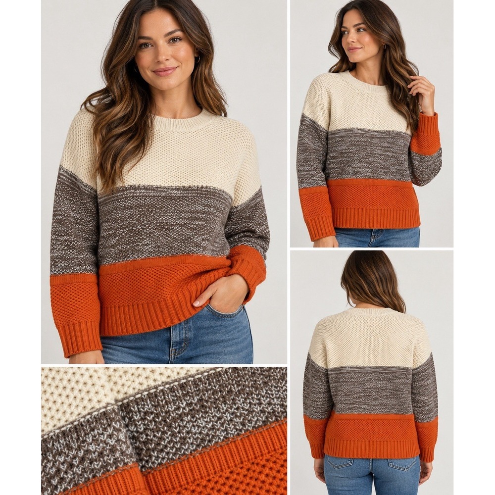 Womens Cozy orange Knit Sweater Crewneck Pullover Soft Warm Trendy Large